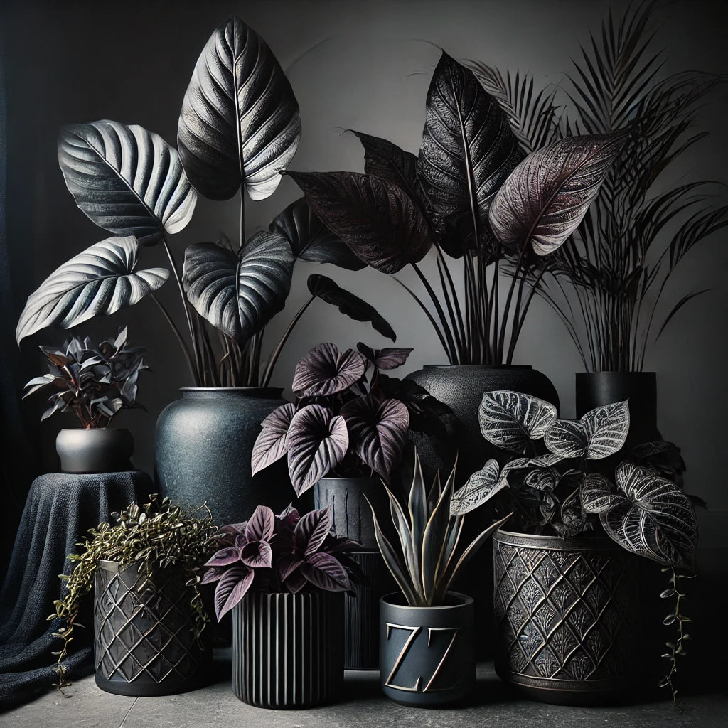 A collection of dark-leaved goth houseplants, such as the Raven ZZ and Black Cherry Philodendron, arranged in elegant, textured planters