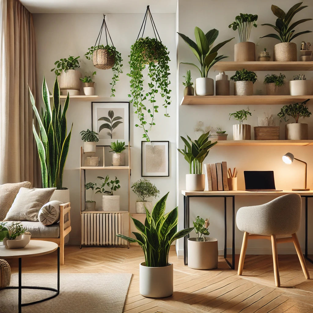 A house and office filled with low light plants such as ZZ plant, Snake plant, Hanging pothos and more